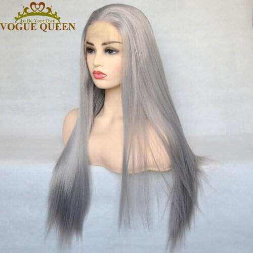 Vogue Queen Sliver Grey Synthetic Lace Front Wig Long Straight High Temperature Fiber Daily Wear For Women