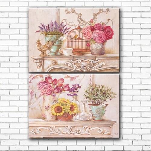 Pastoral pink flowers bird cage canvas printings oil painting printed on canvas home living room wall art decoration picture