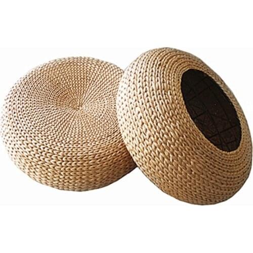 Beach House Woven Wicker Seagrass Low Table Footstool or Ottoman Furniture Piece Round Cushioned Top Stool