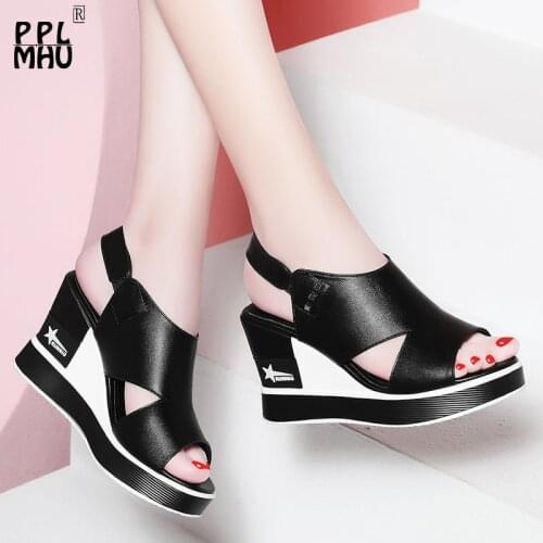 Black PU Leather Hollow Out Platform Wedges Rome Shoes Fashion Peep Toe Non-Slip Heighten Shoes 8cm Woman Wearable Sandals