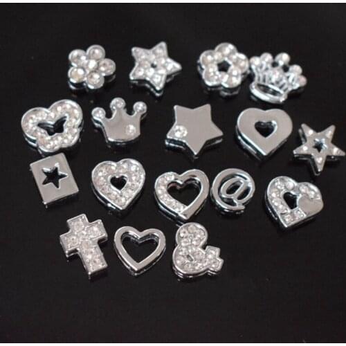 Silver Full Rhinestone Star Hollow Heart & @ Butterfly Flower 8mm Slide Charms Beads For 8mm Bracelets Key Chains Pet Collar