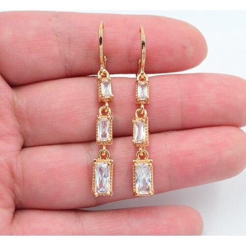 Gold Color Women Fashion Clear White Zirconia CZ Geometric Blocks Linear Dangle Earrings Jewelry