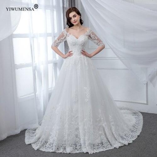 A14 3/4 Sleeves Sparkly Appliques Wedding Dresses 2020 Princess Ball Gown Cathedral Church Bride Dress 50cm Train Custom Made