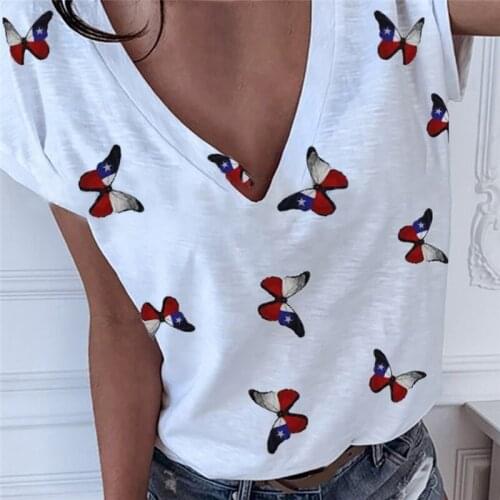 Butterfly Print Short Sleeve Women T-Shirt Large Size XS-2XL Streetwear Casual V-Neck Tops Female Shirts 2021 New Summer T Shirt