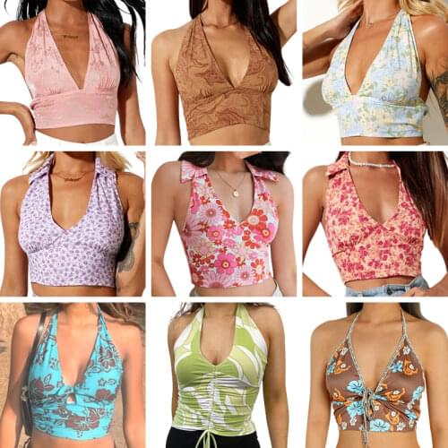 Women Summer Tank Tops Irregular Printing Tied Strap V-Neck Low-Cut Backless Vest for Girls Green