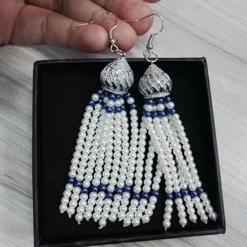 Bohemia White Cream Pearl Jewelry With Cz Zircon Crown Charms Long Dangle 8 Raws Beaded Tassel Earrings For Women