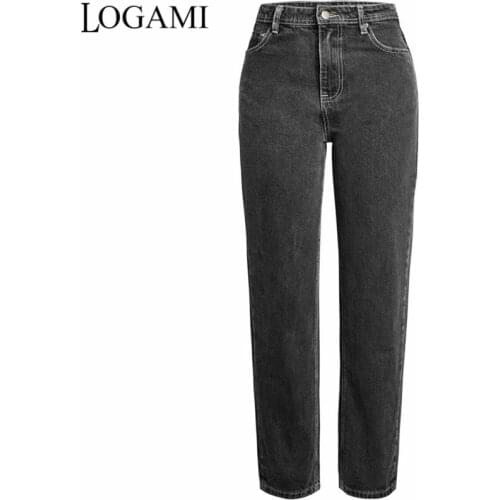 LOGAMI High Waist Straight Jeans Woman Casual Boyfriend Jeans For Women Denim Pants Dark Grey