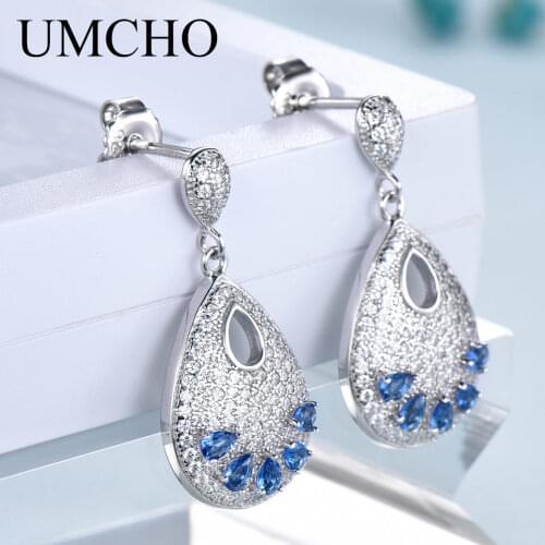 UMCHO Water Drop Created Sapphire Earrings Real 925 Sterling Silver Gemstone Drop Earrings For Women Wedding Gift Fine Jewelry