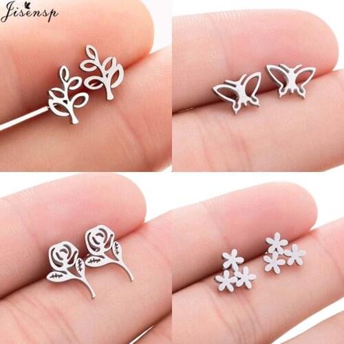 Jisensp 2019 New Arrival Simple Flowers Trees Charm Stainless Steel Flowers Trees Earrings for Women Christmas Jewelry Gift