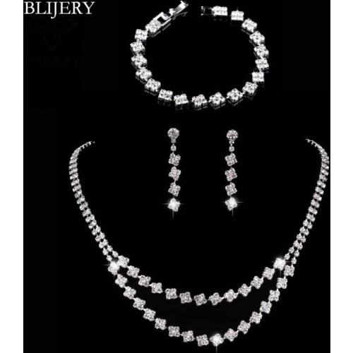 BLIJERY Fashion Crystal Bridal Jewelry Sets Silver Color Squares Style Wedding Necklace Earrings Bracelet Set Women Jewelry Sets