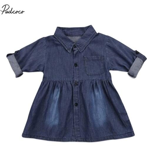 2019 Brand Kids Baby Girls Denim Dress Spring New Pocket Button One Picece Princess Dress Long Sleeve Fashion Clothes Costume