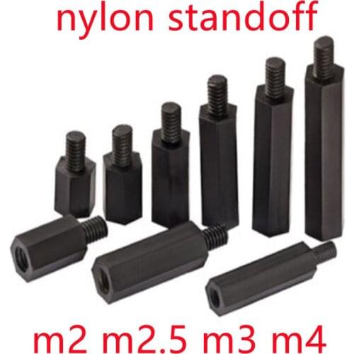 50Pcs Male to female M2 M2.5 M3 M4*L+6 Black Hex Nylon Standoff Spacer Column Flat Head Nylon Plastic Spacing Screws
