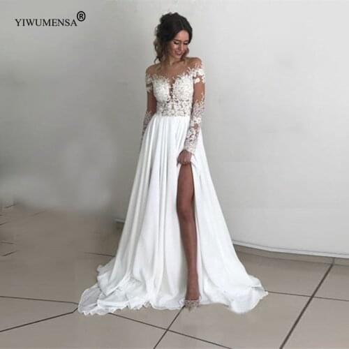 A83 Skin Tulle Full Sleeves Chiffon Bohemian Wedding Dress High Split See Through Beach Bridal Gown Cheap Vestidos De Noivas