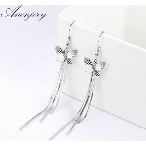ANENJERY 925 Sterling Silver Butterfly Drop Earrings For Women Long Tassel Earrings oorbellen brincos S-E417