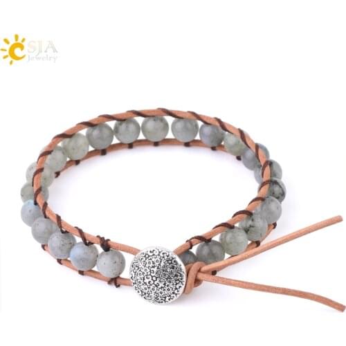 CSJA Boho Handmade Bracelet Natural Stone Spectrolite Gray Labradorite Braided Bracelets Two Rows Leather Wrap Wrist Bangle F622