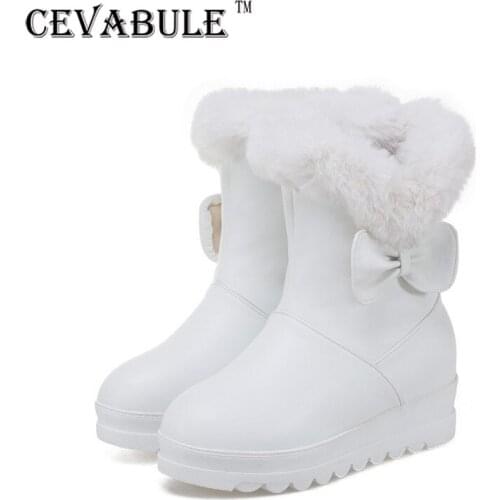 CEVABULE 2021 White Pink Black New Sweet Bow Candy Boots Plush Boots Ground Boots Short Tube Slope Heel CASUAL BOOTS TYX