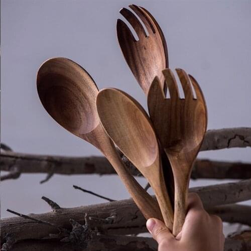 8.7 Inch Acacia Wooden Salad Servers Rice Spoon Fork with Long Handles Dinner Mixing Cooking Utensils Kitchen Cookware