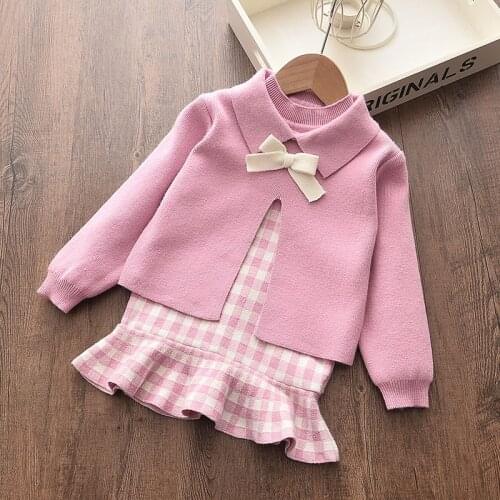 Baby Girl Fashion Clothing Dress Cute Bow Sweaters+plaid Dress girls Infant Christmas Clothes Sets Children Party Birthday Set