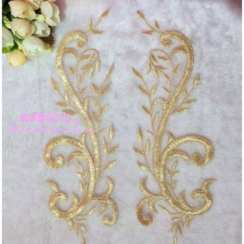 Hot Sale 1 Pair 24*10cm 3 Colors High Quality Lace Applique Diy Gold Flower Embroidery Fabric Patch