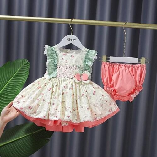 Spanish Girls Dress Summer Lolita Style Floral Print Fairy Children Princess Dress+Panties Kids Clothes with Big Bow 0-5Y