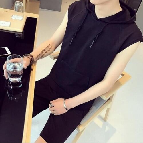 Mans Fashion Clothes Suit Sleeveless Solid Pullover Hooded Packets Casual T-Shirt Shorts For Men Comfortable Half Pants Sets