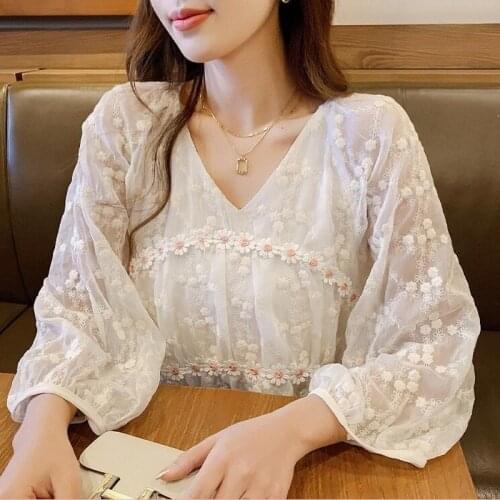 Summer Fashion V-Neck Casual Young Preppy Style Lace Chiffon Gauze Lovely Slim Temperament Celebrity Woman Tops Shirts Blouses