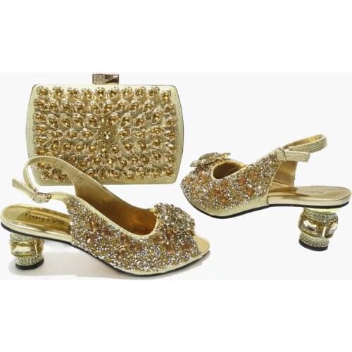 2021 African Hot Selling Neirian Fashon Italian Design Classic Style Elegant Party Wedding Women Shoes and Bag Set in Gold Color