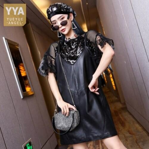 Fashion Women Natural Sheepskin Genuine Leather Dress Spaghetti Strap Mini Dresses Vestido De Mujer Ladies Slim Fit V Neck Dress