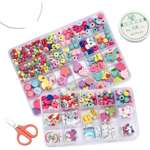 Wooden Beaded Box Set Colorful Lovely Cartoon Animal Give Free Tools Scissors And Ropes DIY Jewelry For Making Necklace Bacelet