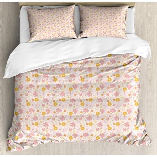 Flowers Insects Duvet Cover Set Ladybugs and Polka Dots Pattern 3 Piece Bedding Set Pale Earth Yellow Pale Salmon Eggshell