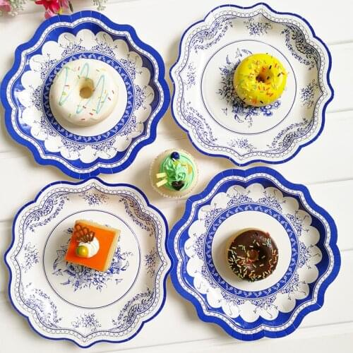 European Style Blue And White Porcelain Disposable Plates, Vintage Floral Paper Plates Tea Party Picnic Tableware Plates Supply