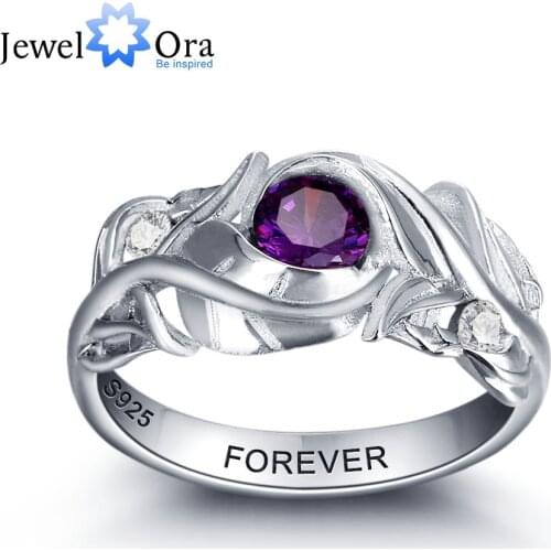 Personalized Engrave Birthstone Trendy Leaf 925 Sterling Silver Cubic Zirconia Engagement Ring Free Gift Box (JewelOra RI102014)