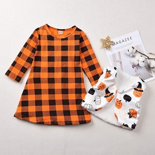 1-6Y Kids Girls Halloween Dress Plaid O-Neck Long Sleeve A-line Dress + Cartoon Pumpkin Waistcoat 2Pcs Spring Autumn Outfits