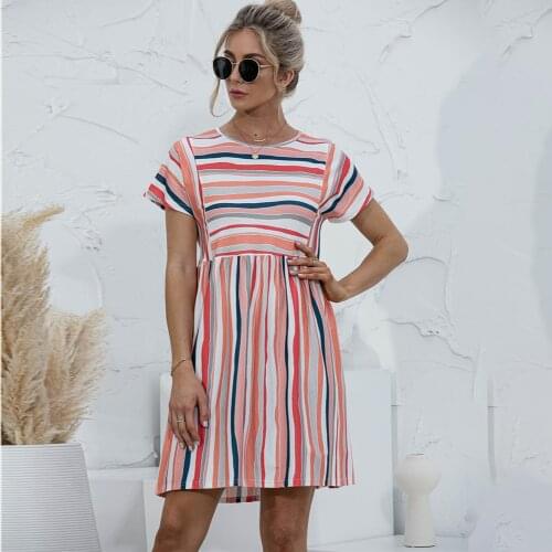 Casual Summer Dress Striped Print Short Sleeve O Neck Loose Mini Dresses For Women 2021 Party Sundress Vestidos Robe Femmme