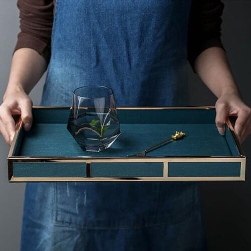 Simple Luxury Leather Rectangular Storage Tray Minimalist Household Stainless Steel Tea Cup Food Jewelry Cosmetic Storage Tray