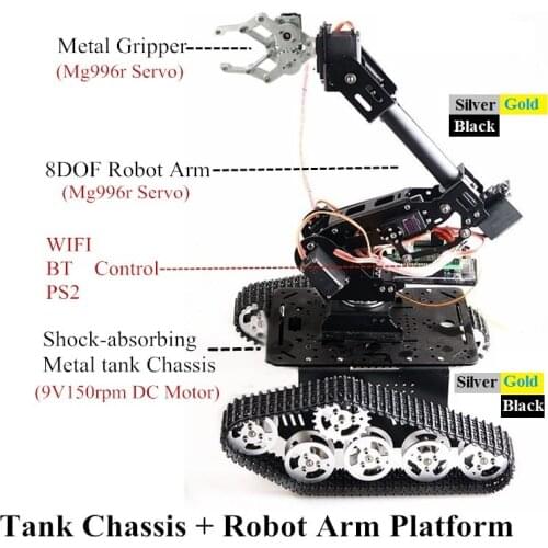 Wifi/ BT/ PS2 Control Robotic Mobile Platform Shock-absorbing Tank Chassis And 8DOF Metal Robot Arm With Gripper Arduino DIY