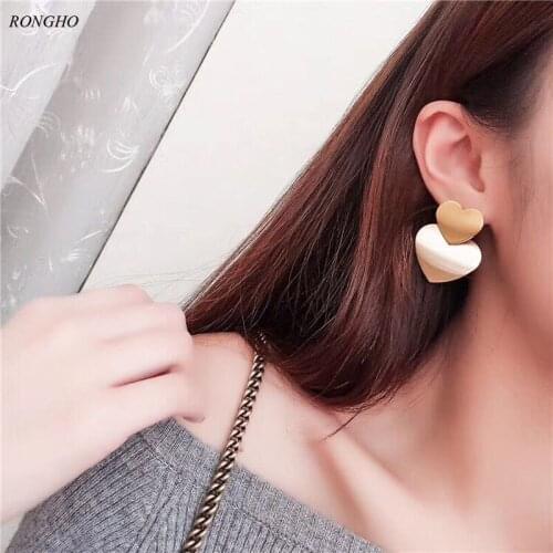Rongho Design Double Metal Heart Stud earrings for woemn Punk jewelry Gold Pendant earrings Vintage Bijoux