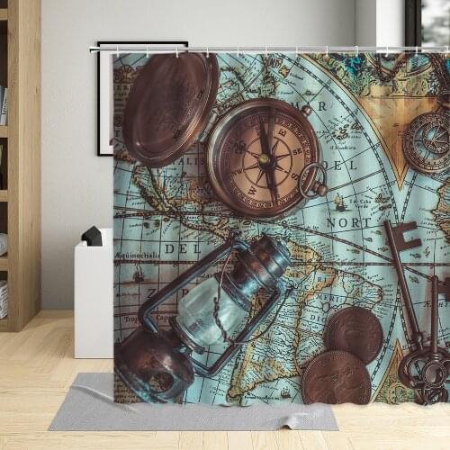 Vintage Compass Nautical Map Telescope Art Design Decor Bath Curtains Fabric Bathroom Curtains With 12 Hooks Set For Living Room