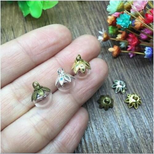 5sets 8mm ball shape glass globes with seven Petal flower beads cap 3 colors glass vial pendant jewelry accessories necklace