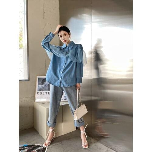 Spring Fashion Denim Blouse Mesh Patchwork Blue Jean Tops Women 2021 New Design Shirt