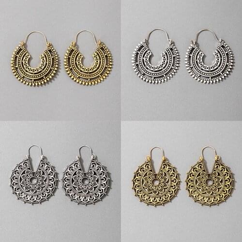 HuaTang Vintage Mandala Flower Dangle Earrings for Women Gold Silver Color Carving Hollow Earrings Female Ear Hanging Jewelry