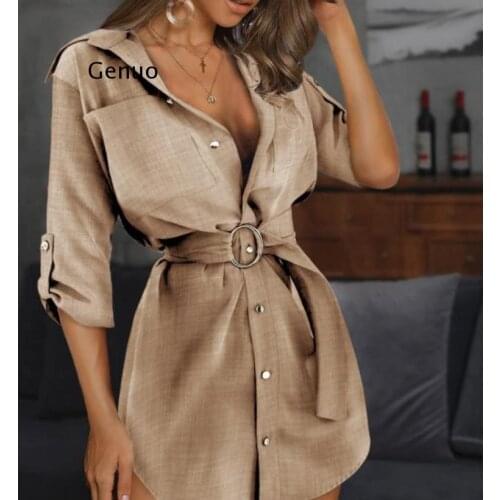 Women Summer Cotton Linen Lapel Neck Buttoned Belted Side Irregular Mini Dress Office Lady Career Style Dresses Plus Size