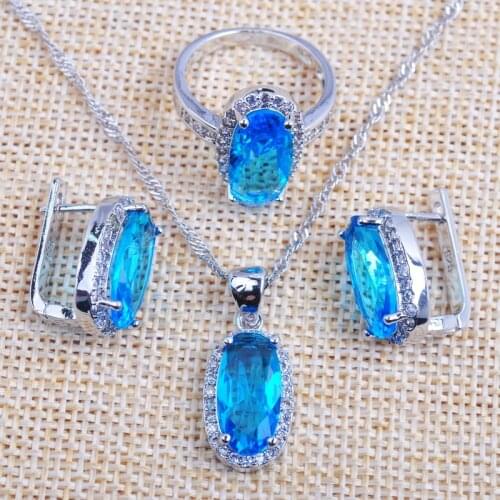 Womens Summer Set Wedding Jewelry Sets Sky Blue Cubic Zirconia Necklace And Earrings Rings 2020 New TZ0168