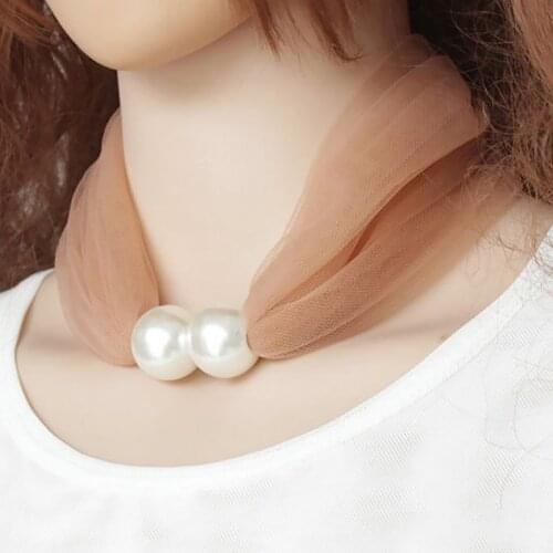 Women Thin Organza Necklace Scarf Narrow Long Neck Scarves Silk Candy Color Transparent Chiffon Scarf Pearl Decoration Bib Scarf