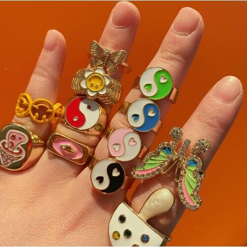 90s Aesthetic Candy Color Yin Yang Ring for Women Fashion Vintage Charm Crystal Butterfly INS Mushroom Rings Y2K Jewelry Friends
