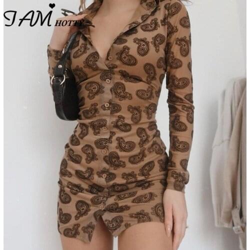 Retro Printed Button-up Mini Dress Women Harajuku Causal Bodycon Sexy Long Sleeve Turn-down Collar Dresses Ladies 2021 Iamhotty