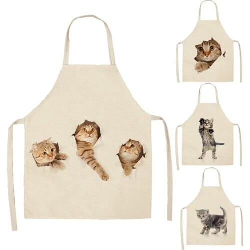 1 Pcs Lovely Cat Pattern Kitchen Apron for Women Cotton Linen Bibs Household Cleaning Pinafore Home Cooking Aprons