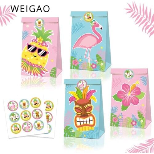 12pcs Hawaiian Party Gifts Candy Bags Summer Pineapple Flamingo Tropical Party Paper Packaging Bags Aloha Party Decorations