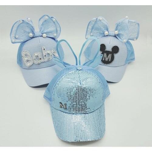 Hotsale Children cartoon Baseball Cap Girls Pearl Snapback Sun Protection Caps Mesh Big Bow Kids Baby Trucker Sun Hat