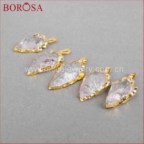BOROSA Arrowhead Shape White Quartz Pendant Crystal Quartz Stone Charm Bead Gold Bezel Pendant Druzy Gems Jewelry G0509